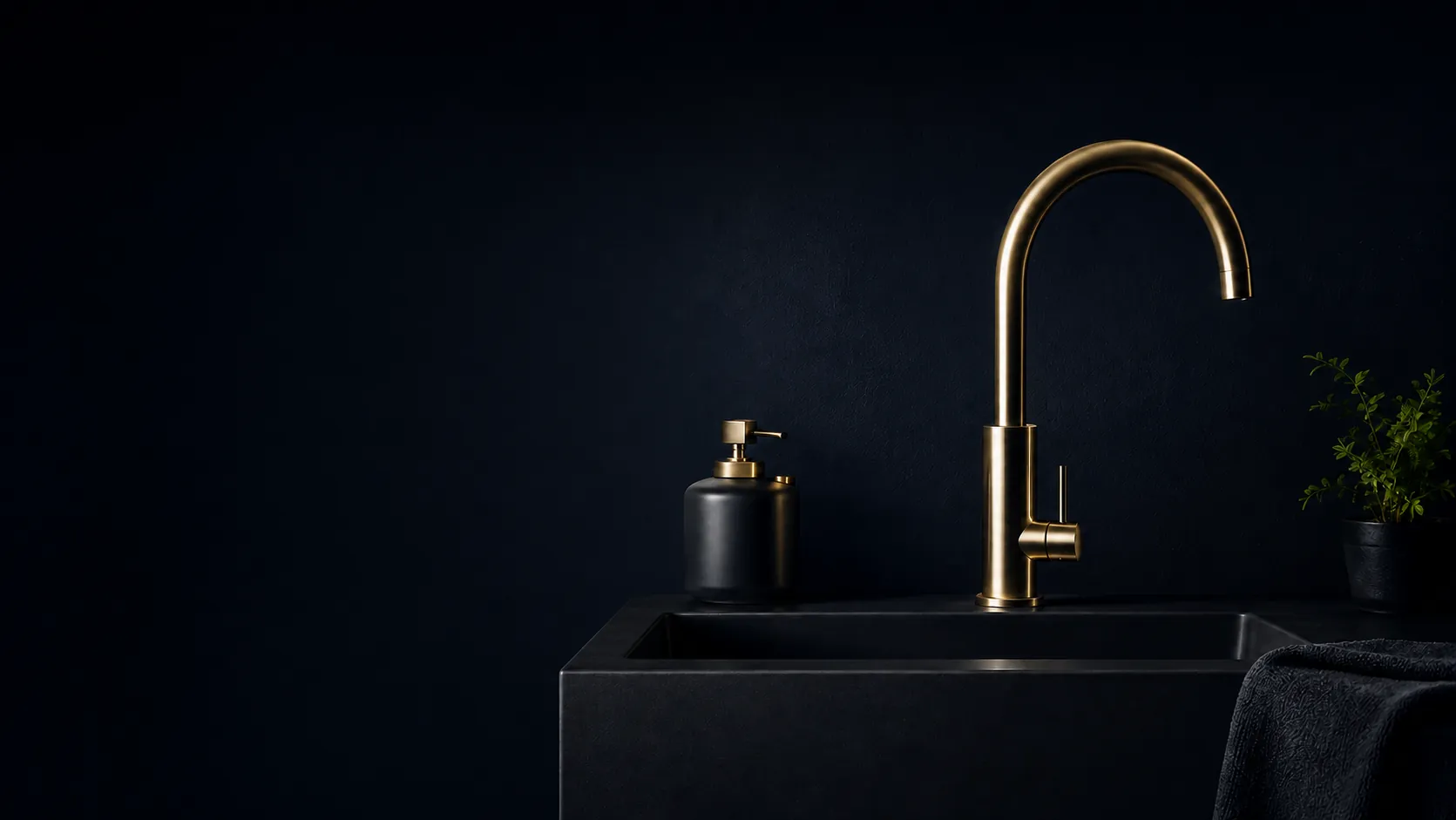 Gouden keukenkraan boven een zwarte spoelbak, in de stijl van Bosscontr