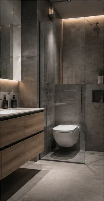 Door ons opgeleverde badkamer met betonlook tegels