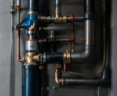 Detail van messing koppelingen op een waterleiding